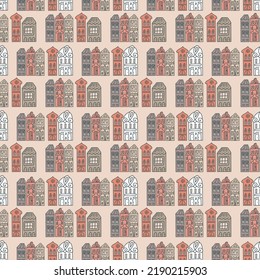 Pink gray stylish house on black background seamless pattern, cute simple hand drawn vector design