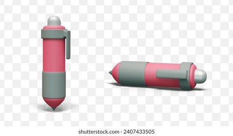 Pink gray thick automatic ballpoint pen in vertical and horizontal position. Vector color mockup of stationery for writing. Isolated items for study, work