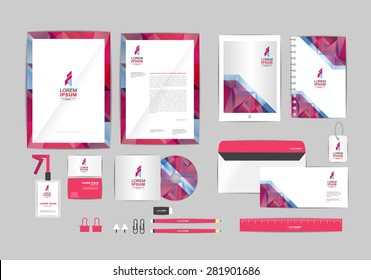 pink and gray with triangle corporate identity template for your business includes CD Cover, Business Card, folder, ruler, Envelope and Letter Head Designs