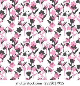 A Pink and gray Vector illustration of bouquet bell and tulip flowers with leaves isolated on a white background. Seamless pattern
