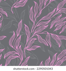 Pink gray willow branch leaves seamless pattern vector design. Hand drawn style fabric print. Cute pink black levaes seamless pattern, willow branches endless design. Fashuinable pretty textile print