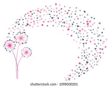 Pink and grayish blue vector dandelion herbs, meadow flowers illustration. Floral background design with dandelion blowing plant. Flowers with heart shaped feather flying. Meadow blossom love symbols.