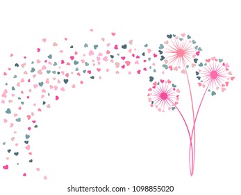 Pink and grayish blue vector dandelion herbs, meadow flowers illustration. Floral background design with dandelion blowing plant. Flowers with heart shaped feather flying. Meadow blossom love symbols.
