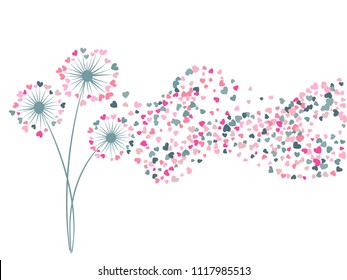 Pink and grayish blue vector dandelion herbs, meadow flowers illustration. Floral background design with dandelion blowing plant. Flowers with heart shaped feather flying. Meadow blossom love symbols.