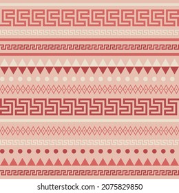 Patrón griego rosa, meandros, triángulos y círculos en un tono suave para el diseño