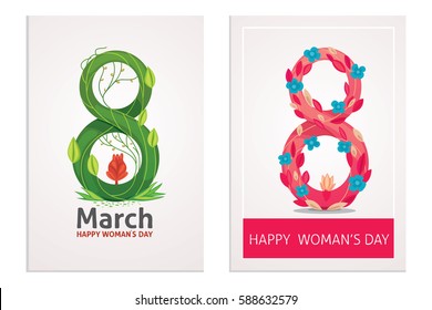 Pink and green 8 March. Floral Greeting elegant card design. Happy Women's Day. Mother's Day Vector illustration