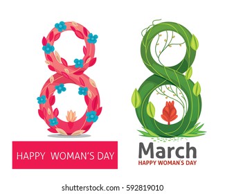 Pink and green 8 March. Floral Greeting elegant card design. Happy Women's Day. Mother's Day Vector illustration