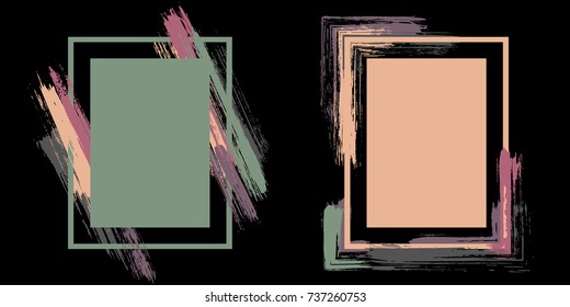 Pink and green art frame set vector collection.  Grunge border with painted brushstrokes background collection. Painted frames advertising graphics design templates for banners, flyers, posters.