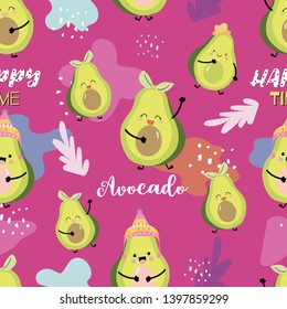 Pink green avocado seamless pattern with leaf