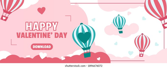 Pink and green balloons floating in the air with paper cut clouds and hearts with square frame on geometric pattern background. Children's birthday party invitation design  for  Happy valentines day. 