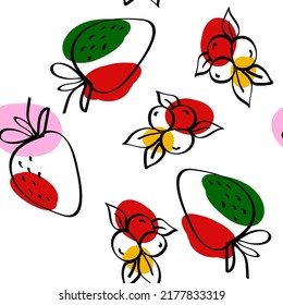 Pink And Green Berry Vector White Seamless Pattern. Cute Blueberry Wallpaper. Color Strawberry Drawing Background.