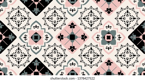 pink green black geometric seamless pattern in African style with square,tribal,circle shape