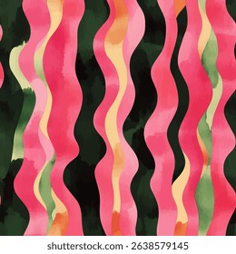 Pink, green, and black watercolor wavy stripes pattern on a pink background, grunge lines ikat pattern, striped seamless pattern, Vector illustration background for print the paper.