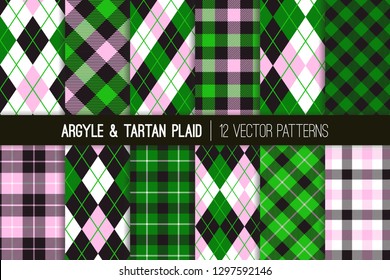 Pink, Green, Black And White Tartan Plaid And Argyle Vector Patterns. Preppy Style Women's Golf Fashion Prints. Perfect For Charity Golf Events Or Birthday Party Decor. Vector Tile Swatches Included.