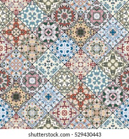 Pink, green and blue abstract patterns in the mosaic set. Square scraps in oriental style. Vector illustration. Ideal for printing on fabric or paper.