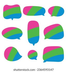 Pink, green, and blue colored speech bubble icon, as the colors of the polysexual flag. LGBTQI concept. Flat vector illustration.