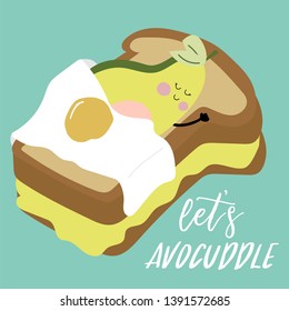 pink green blue hand drawn with egg,avocado sleep.Let's avocuddle