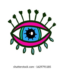 Pink green blue hand drawn eye logotype illustration in cartoon comic style psychedelic print poster