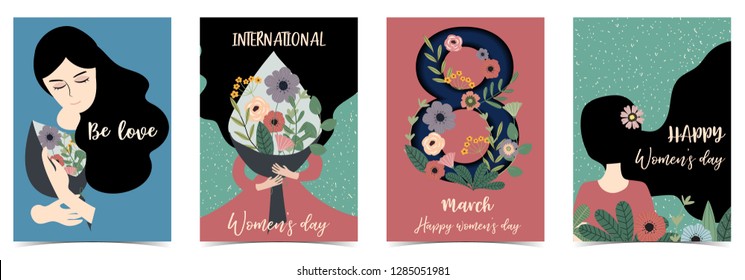 Pink green blue International Happy Women's Day with women,flower and leaf