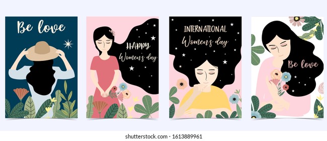 Pink green blue International Happy Women's Day with women,flower and leaves