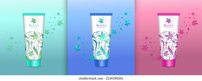 Pink, green and blue packaging design for lotion. Vintage vector ornament. Great for cream and other package types. Can be used for background and wallpaper.