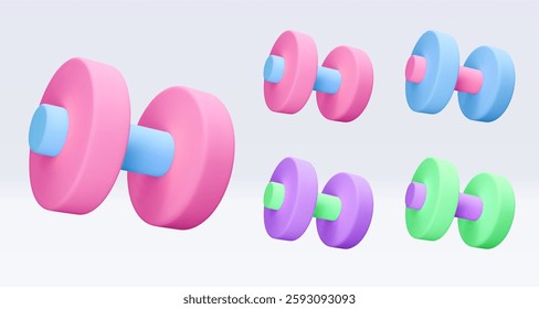 Pink, green, blue, purple, violet Dumbbell Realistic icon, 3d render. Isolated on white backround. Sport And Fitness design set. Vector illustration for shop, flyer, banner, web, advertising, sale