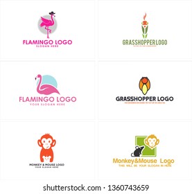 Pink green brown line art flamingo monkey mouse grasshopper combination mark logo design concept suitable for animal wildlife retail icon clothing apparel buying selling