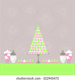 Pink and green candy buffet.  Wedding dessert bar. Birthday sweet table.Vector illustration.