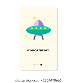 Pink and green cartoon UFO or alien ship flat icon. Vertical sign or vector illustration of space exploration or cosmos element. Outer space, technology, astronomy for web design and apps