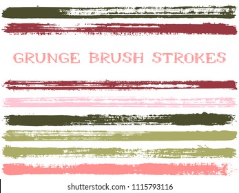 Pink green cherry ink brush strokes isolated elements. Artistic stripes, textured paintbrush stroke shapes. Collection of ink brushes, stripes isolated on white, vector paint samples.