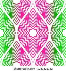 Pink, green color vector illustration. Easy festive ornament from abstract flower in the style of geometric . For fashion print, interior design, backgrounds, greeting cards, design. Seamless