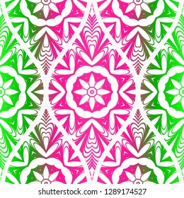 Pink, green color vector illustration. Easy festive ornament from abstract flower in the style of geometric . For fashion print, interior design, backgrounds, greeting cards, design. Seamless