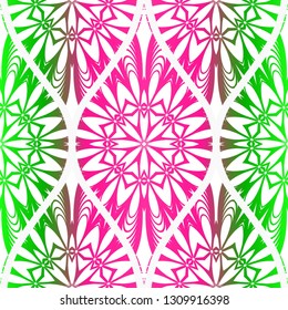 Pink, green color vector illustration. Easy festive ornament from abstract flower in the style of geometric . For fashion print, interior design, backgrounds, greeting cards, design. Seamless