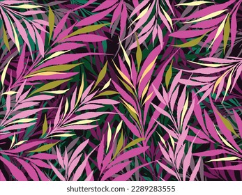 Hojas de color rosa y verde patrón de fondo vectorial aislado en papel de pared horizontal negro oscuro. Fondo vectorial para cobertura de publicaciones en medios sociales, papel e impresión textil de pañoleta, antecedentes digitales.