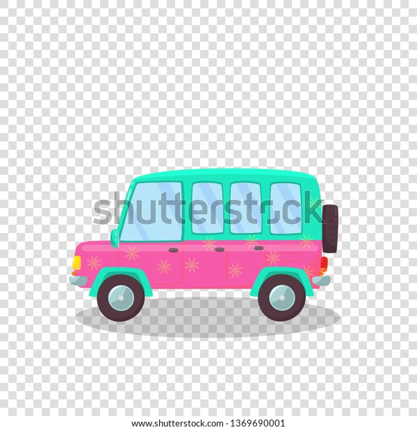 Pink, Green Colorful Modern Car with Cute Flowers\
Print Isolated on Transparent Background. Side View of Comfortable\
Hatchback Automobile for Traveling. Cartoon Flat Vector\
Illustration. Clip Art.