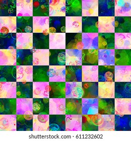 Pink and green colors. Abstract seamless texture with chess pattern