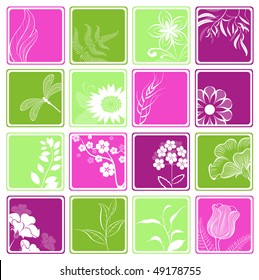 pink and green computer icons with with stylized flowers and decorative branches