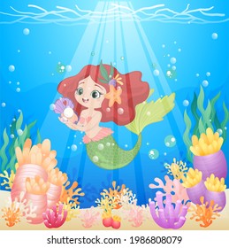 Pink and green cute little mermaid found a pearl . The art of the nature of the sea floor. The Little Mermaid cartoon style.