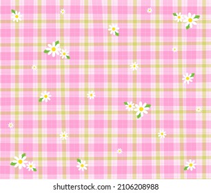 Pink Green Daisy Flower Gingham Patterns Background Editable Stroke. Vector Illustration Tablecloth, Picnic mat wrap paper.	