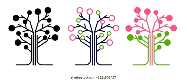 Árvore decisória rosa e verde com círculos em galho e árvore preta. Ícone abstrato da árvore