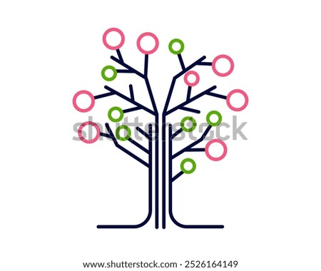 Pink and green decision tree with circles on branch. Decoration simple tree with technology elements.