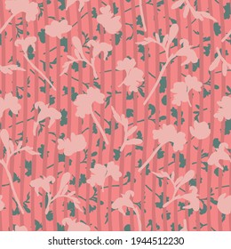 Pink and green decorative flower silhouette texture background with hand drawn stripes. Elegant seamless vector pattern for home and fashion fabrics, decorations and wallpaper.