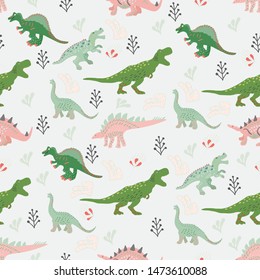 Pink and green dinosaurs hand drawn seamless vector pattern . Vector Illustration