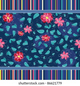 pink green floral seamless pattern background on dark blue backdrop with colorful lines