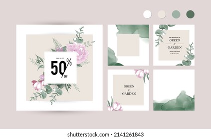 pink and green flower background for Instagram social media post. floral leaf square frame layout template for beauty, special offer, spring sale, wedding advertisement. hand drawn vector illustration