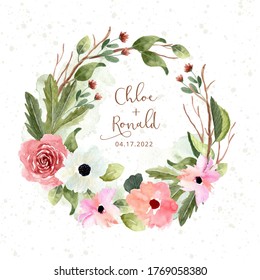 pink green flower garden watercolor wreath