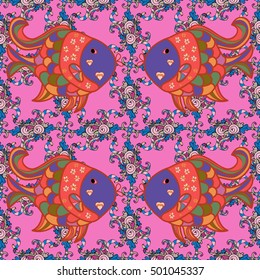 Pink and green flowers seamless background. Vector illustration. Fish