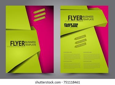 Pink and green flyer template design. Brochure abstract background for business, education, presentation, advertisement. Corporate identity style concept. Editable vector illustration.