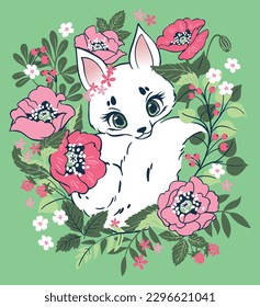 Pink green fox vector print illustration