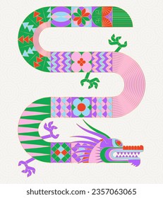 Pink green geometric chinese dragon. Modern shape design. Zodiac sign. Sacred animal. Bauhaus tile motif. Line flat vector illustration. Template for greeting card, banner, poster.